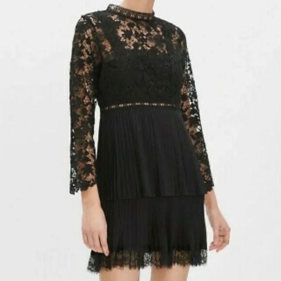 ZARA Black Contrasting Lace Pleated Mini Dress Women's Size L Tiered Cocktail - Picture 1 of 16